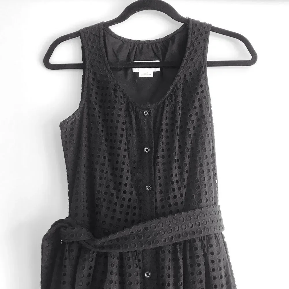 Kate Spade Broome Street Black Dot Eyelet Buttondown Tie Belt Midi Dress Small